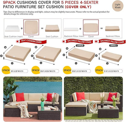 ClawsCover 9Pack Outdoor Seat and Back Cushions Replacement Covers Fit for 5 Pieces 4-Seater Wicker Rattan Furniture Patio Conversation Set Sectional Couch,Light Khaki-Include Cover Only (Large)