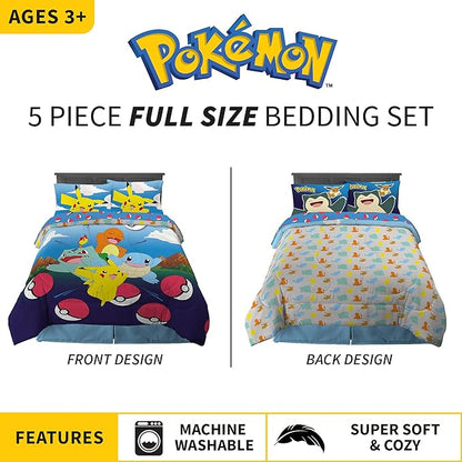 Franco Kids Bedding Super Soft Comforter and Sheet Set, 5 Piece Full Size, Pokemon