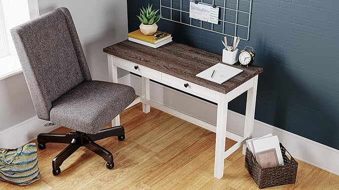 Signature Design by Ashley Dorrinson Modern Farmhouse 47" Home Office Desk with 2 Drawers, Whitewash & Dorrinson Square Modern Farmhouse End Table, Two Tone White & Brown