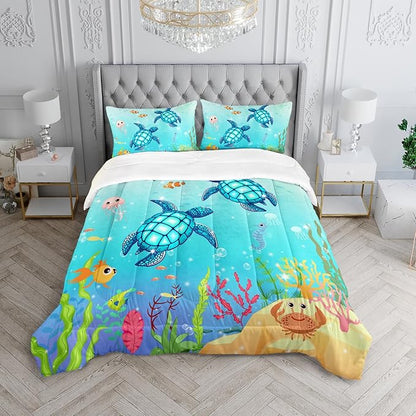Turtle Comforter Set Twin Ocean Watercolor Sea Turtle Bedding Set Nautical Sea Animal Reptile Bed Set with 2 Pillowcases for Kids Room Decor