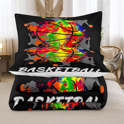 NINENINE Black Basketball Comforter Set for Boys Kids Teens Twin Size Sports Bedding Watercolor Tie-dye Comforter Color Graffiti Hip Hop Style Bed Set with 1 Comforter 1 Pillowcase
