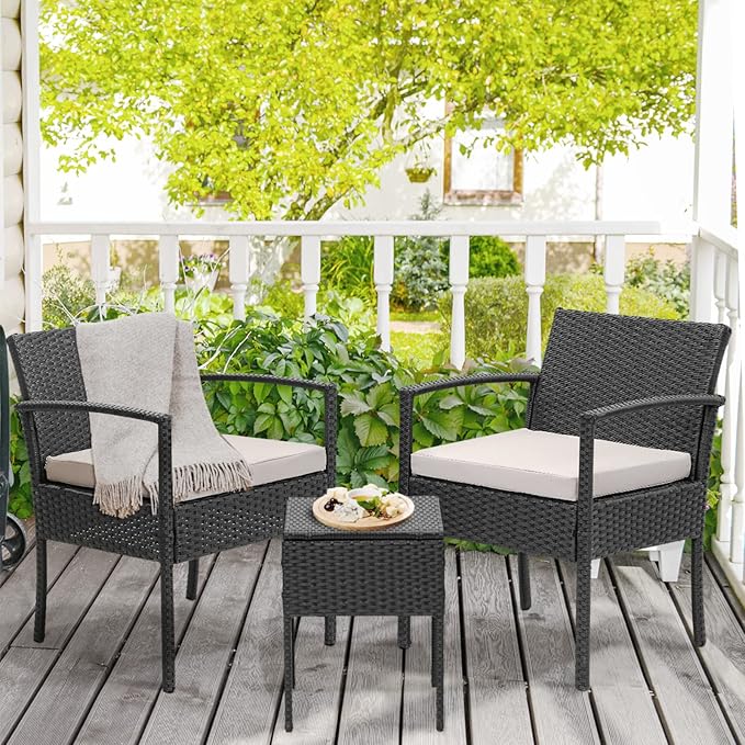 3 Pieces Patio Furniture Set, Balcony Furniture, Patio Bistro Set All-Weather Wicker Chairs Conversation Set with Cushions Table for Outdoor Backyard Porch Lawn (Black-Grey)
