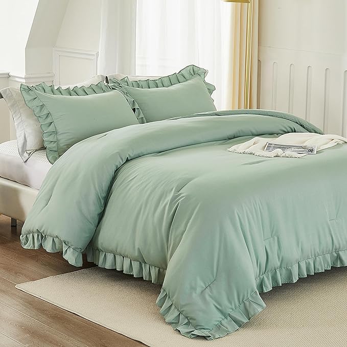 Andency Sage Green Comforter Set Full, 3 Pieces Lightweight Soft Ruffle Bed Comforter, Farmhouse Rustic Fluffy Microfiber Down Alternative Bedding Set (79x90Inch Comforter)