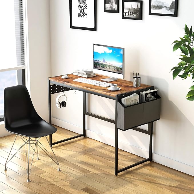 DKLGG Computer Desk 39" Home Office Desk Laptop Study Table Workstation with A Storage Bag and Headphone Hook Retro Industrial Design Small Computer Desk for Teens, Brown