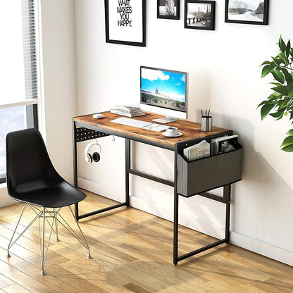 DKLGG Computer Desk 39" Home Office Desk Laptop Study Table Workstation with A Storage Bag and Headphone Hook Retro Industrial Design Small Computer Desk for Teens, Brown