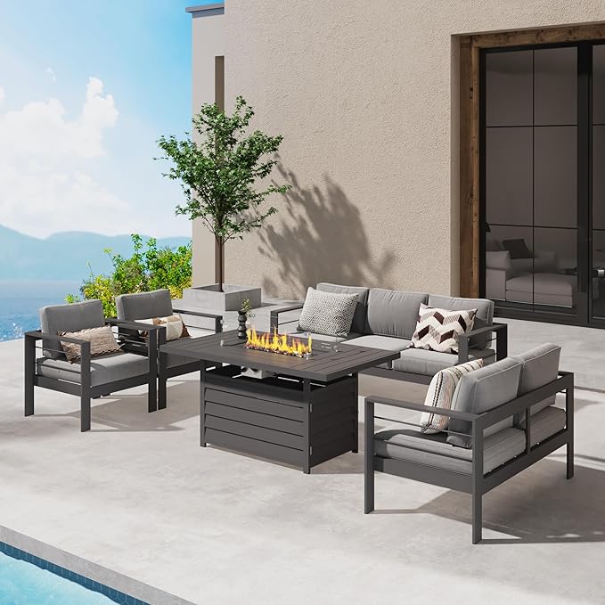 Wisteria Lane 5 Piece Aluminum Outdoor Patio Furniture Set with 54 Inch Propane Gas Fire Pit Table, Modern Patio Conversation Sets with Outdoor Sectional Couch for Backyard, Garden, Dark Grey