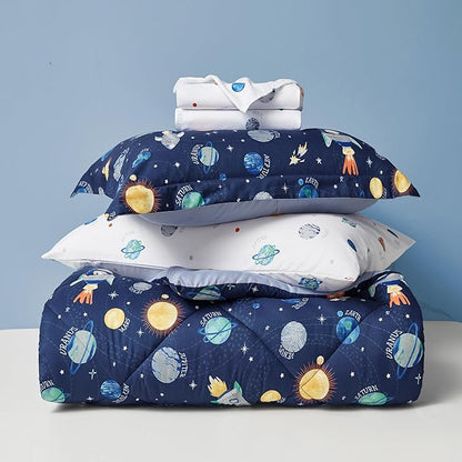 Kids Bedding Set for Boys, Twin Size 5 Pieces Space Themed Bed in a Bag, Super Soft Lightweight Microfiber Comforter Set with Sheets, Hotel Quality Durable Children Bed Set