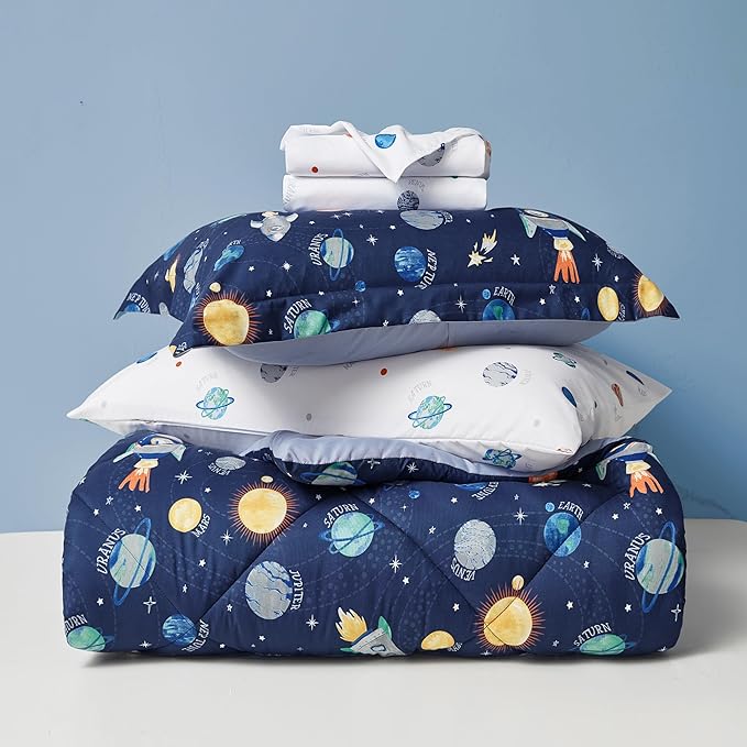 Kids Bedding Set for Boys, Queen Size 7 Pieces Space Themed Bed in a Bag, Super Soft Lightweight Microfiber Comforter Set with Sheets, Hotel Quality Durable Children Bed Set