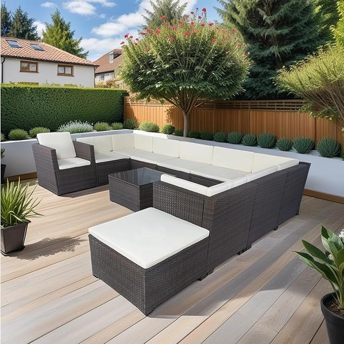 11 Pieces Outdoor Furniture Sofa, 10 Seater Patio Sectional Set with 3 Storage Box Under Seat Brown Wicker + White Cushion for Garden, Balcony, Poolside, Backyard, Zk-Beige