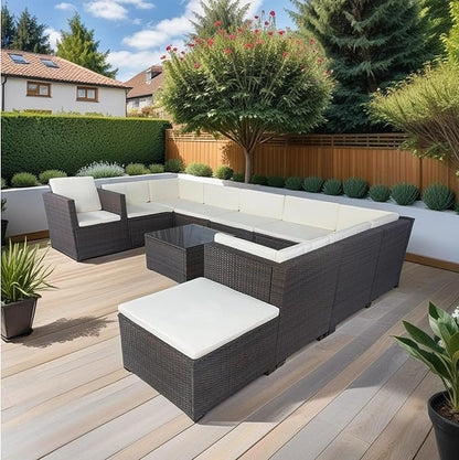 11 Pieces Outdoor Furniture Sofa, 10 Seater Patio Sectional Set with 3 Storage Box Under Seat Brown Wicker + White Cushion for Garden, Balcony, Poolside, Backyard, Zk-Beige