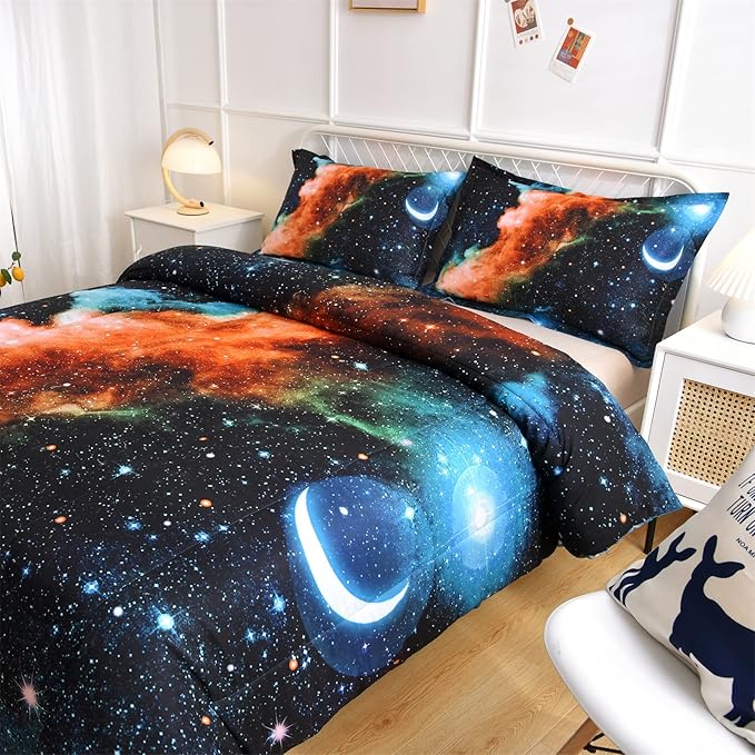 A Nice Night Black and Blue Galaxy Bedding Sets 3D Printed Cloud Quilt Comforter Sets with 2 Bedroom Pillow Covers Twin Size