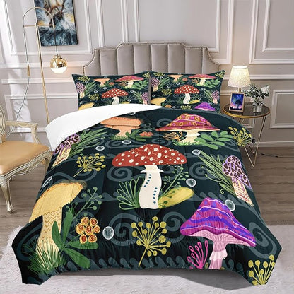 Cartoon Mushrooms Bedding Set, Girls Boys Ultra Soft Comforter Set Queen Size, Cute Plants Printed Quilt for Teens, Lovely Black Microfiber Comforter for All Season 3Pcs with Pillowcases