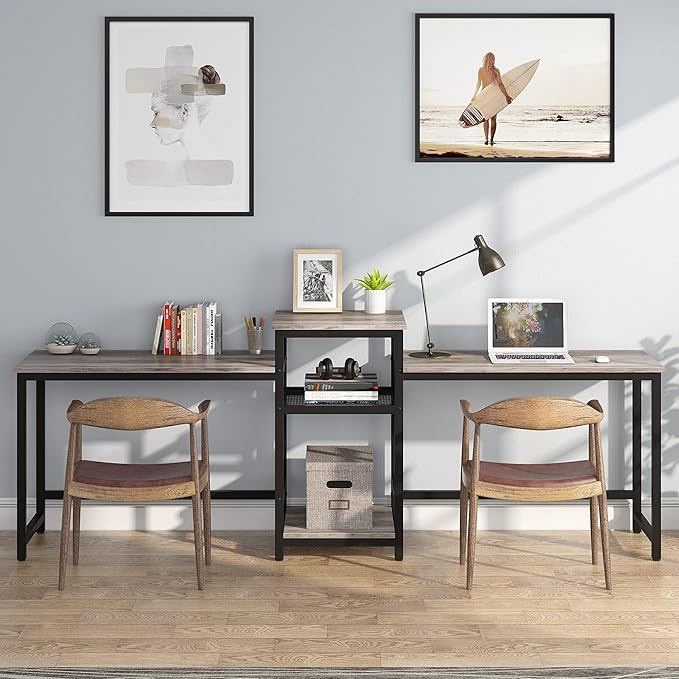 Tribesigns Extra Long Two Person Desk with Storage Shelves, 96.9 inch Double Computer Desks with Printer Shelf for 2 People, Rustic Writing Desk Workstation for Home Office
