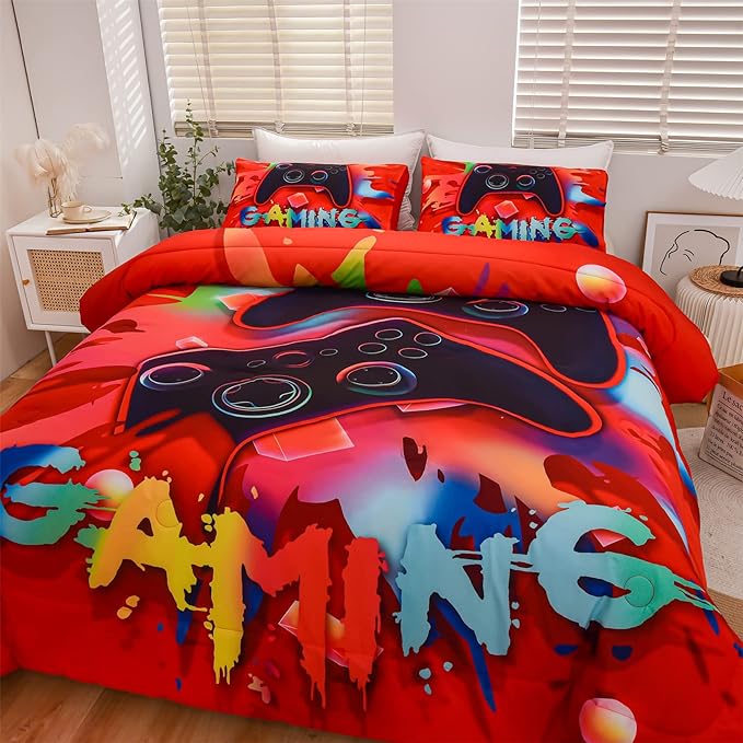 Aimuan Gaming Comforter Sets for Boys Kids Bedding Sets Video Games Console Action Buttons Novelty Colorful Game Gamepad Controller Modern Gamer Room Decor Home Quilt Set (Queen, Red)