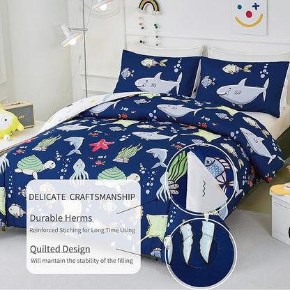 RYNGHIPY Kids Bedding Set for Full Bed Reversible Ocean Animals Print Comforter Set for Boys Girls Easy-Wash Super Soft Microfiber Bed Set (Navy Ocean,Full)