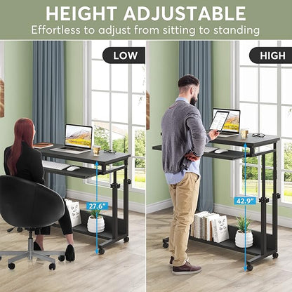 Tribesigns Portable Desk for Sofa and Bed, Height Adjustable Mobile Laptop Table Small Standing Desk Rolling Computer Cart with Keyboard Tray on Wheels for Home Office (Black)