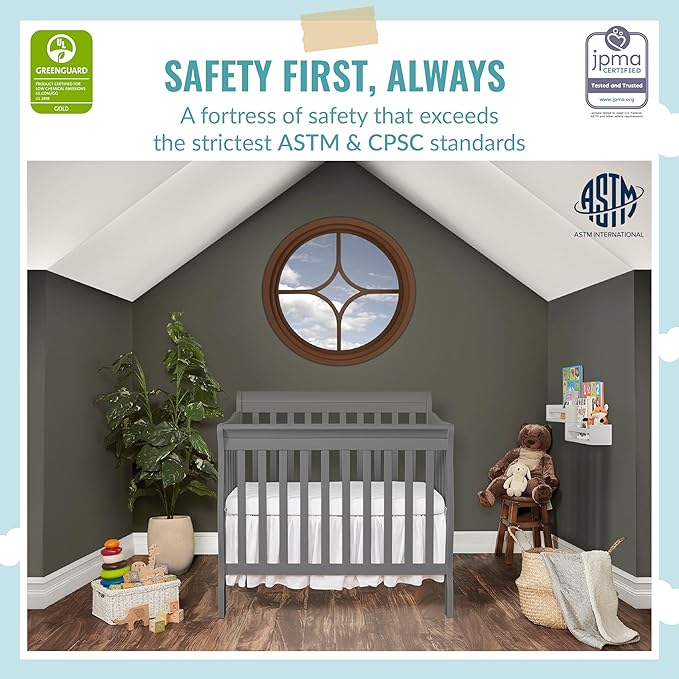 Aden 4-in-1 Convertible Mini Crib In Steel Grey, Greenguard Gold Certified, Non-Toxic Finish, New Zealand Pinewood, With 3 Mattress Height Settings