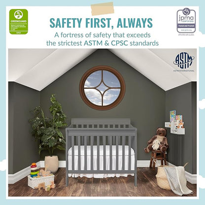 Aden 4-in-1 Convertible Mini Crib In Steel Grey, Greenguard Gold Certified, Non-Toxic Finish, New Zealand Pinewood, With 3 Mattress Height Settings