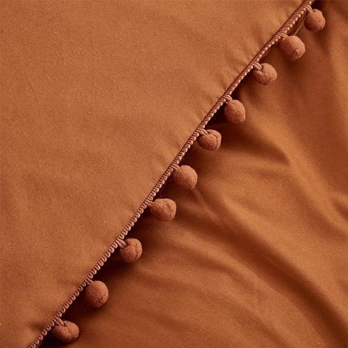 Pumpkin Comforter Set Full Burnt Orange Pom Comforter 3 Pieces Pumpkin Color Boho Ball Pom Fringe Full Comforter Bedding Set Women Solid Pumpkin Full Bed Comforter Set All Season Gift