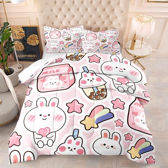 CVHOUSE Kawaii Bunny Comforter Sets King for Girls Women,Kawaii Bedding Sets King Set,Kawaii Bedspread,Kawaii Duvet,Kawaii Bed Set,Kawaii Quilt Set 3 Pcs 1 Comforter and 2 Pillowcases