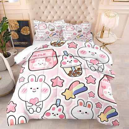 CVHOUSE Kawaii Bunny Comforter Sets King for Girls Women,Kawaii Bedding Sets King Set,Kawaii Bedspread,Kawaii Duvet,Kawaii Bed Set,Kawaii Quilt Set 3 Pcs 1 Comforter and 2 Pillowcases