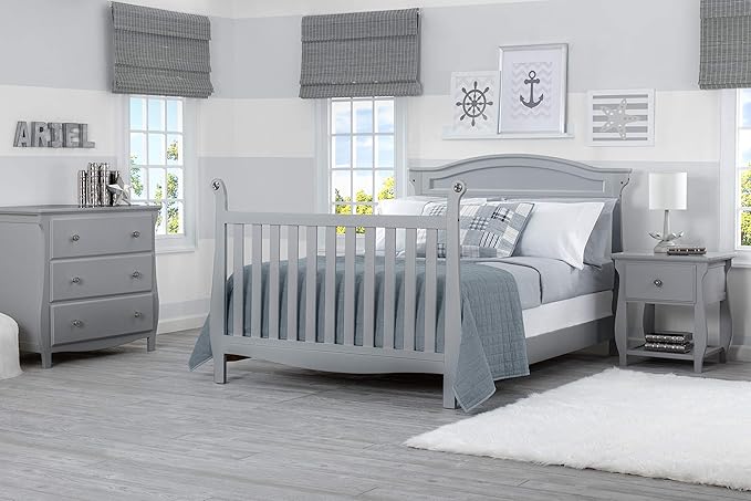 Delta Children Lancaster 4-in-1 Convertible Baby Crib, Grey + Serta Perfect Slumber Dual Sided Recycled Fiber Core Crib and Toddler Mattress (Bundle)