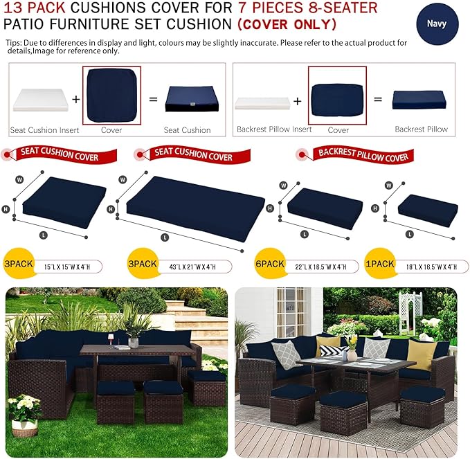 ClawsCover 13Pack Outdoor Seat and Back Cushions Replacement Covers Fit for 7Pieces Wicker Rattan Patio Furniture Set Sectional Couch with Dining Table and Ottoman,Navy-Include Cover Only