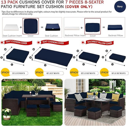ClawsCover 13Pack Outdoor Seat and Back Cushions Replacement Covers Fit for 7Pieces Wicker Rattan Patio Furniture Set Sectional Couch with Dining Table and Ottoman,Navy-Include Cover Only