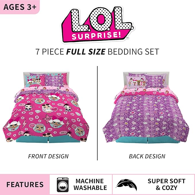 Franco Kids Bedding Super Soft Comforter and Sheet Set with Sham, 7 Piece Full Size, LOL Surprise
