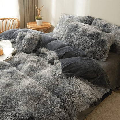 Tie dye Dark Gray Plush Fluffy Comforter Cover Set Queen - Ultra Soft Faux Fur tie dye Bedding Sets 3 Pieces (1 Shaggy Duvet Cover + 2 Pillow case) Fluffy Bed Set (Tie Dye Dark Gray, Queen)