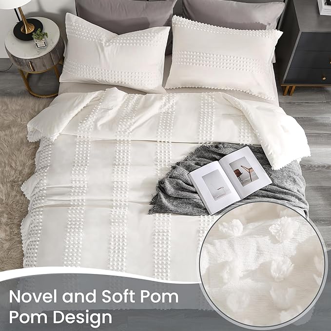 ENJOHOS Girls Queen Comforter Bedding Set White, 3 PCS Boho Comforter with Tufted Dots, Shabby Chic Bedding Comforter for All Season, Lightweight Fluffy Microfiber Comforter with 2 Pillowcases