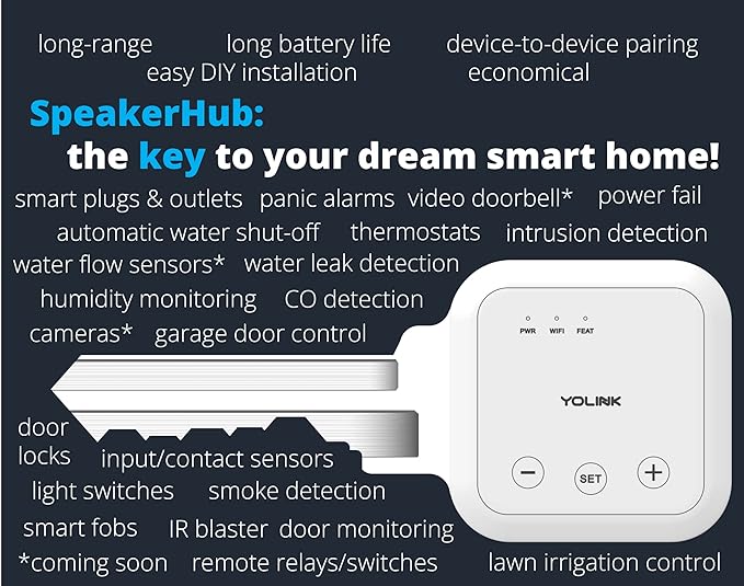 YoLink LoRa Smart Door Sensor Starter Kit: SpeakerHub Audio Hub & Door Sensor - Up to 1/4 Mile Range, Door Left-Open Reminders, up to 5 Year Batteries, Alexa, IFTTT, Home Assistant (2.4GHz WiFi Reqd)