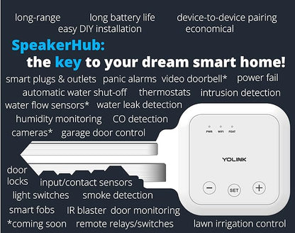 YoLink LoRa Smart Door Sensor Starter Kit: SpeakerHub Audio Hub & Door Sensor - Up to 1/4 Mile Range, Door Left-Open Reminders, up to 5 Year Batteries, Alexa, IFTTT, Home Assistant (2.4GHz WiFi Reqd)