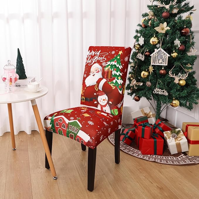 U'Artlines Christmas Chair Covers Set of 6, Removable Washable Merry Christmas Dining Chair Seat Covers Stretch Protector Slipcovers for Dining Room Kitchen Holiday Party Decor, Santa Claus