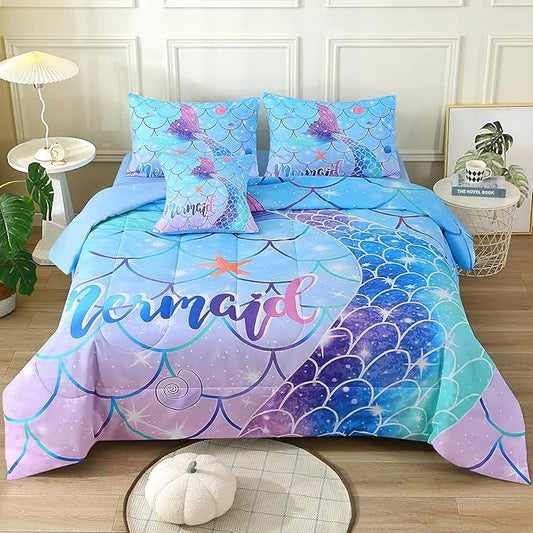 JQinHome Mermaid Comforter Set Twin Size, 6 Piece Mermaid Tail Bed in A Bag,3D Colorful Mermaid Bedding Set for Girls Kids, Sparkle Teal Bedroom Decor Bedding Set with Sheets (Blue)