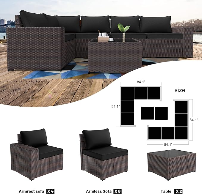 Kullavik 12PCS Outdoor Patio Furniture Set PE Wicker Rattan Sectional Sofa Patio Conversation Sets,Black