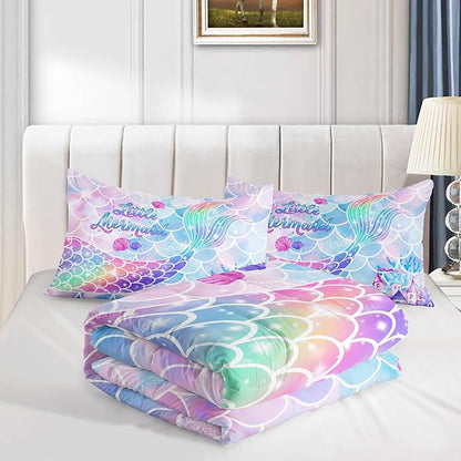 Datura home Bedding Comforter Set Rainbow Purple Mermaid Tail Printed Comforter Set with 1 Comforter and 2 Pillowcases for Girls Bedroom All Season(Rainbow Purple Full)