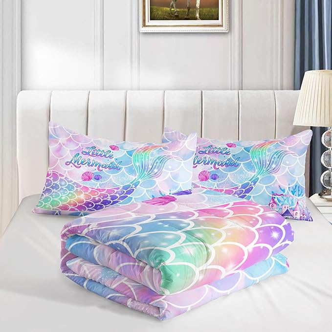 Datura home Bedding Comforter Set Rainbow Purple Mermaid Tail Printed Comforter Set with 1 Comforter and 2 Pillowcases for Girls Bedroom All Season(Rainbow Purple Twin)