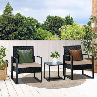 3 Pieces Patio Furniture Set, Outdoor Patio Set, Patio Bistro Set, All-Weather Wicker Conversation Set with Cushions Table for Porch Backyard (Black-Brown)