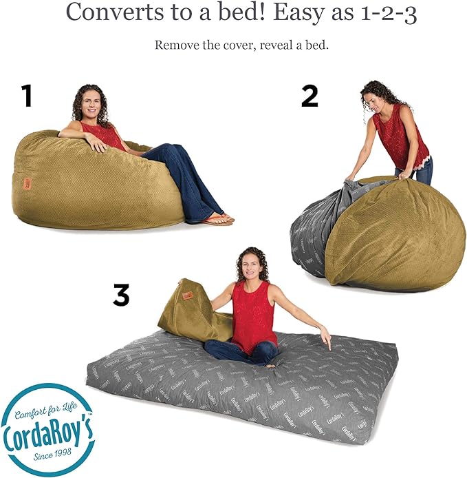 CordaRoy's Chenille Bean Bag Chair, Convertible Chair Folds from Bean Bag to Lounger, As Seen on Shark Tank, Tan - Full Size