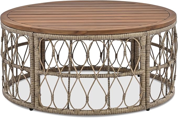Merax Outdoor Patio Furniture Sets, Bohemia-Inspired Wicker Conversation Seating Group, with Soft Cushions and Wood Tabletop, 4 PCS, Beige