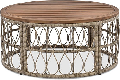Merax Outdoor Patio Furniture Sets, Bohemia-Inspired Wicker Conversation Seating Group, with Soft Cushions and Wood Tabletop, 4 PCS, Beige