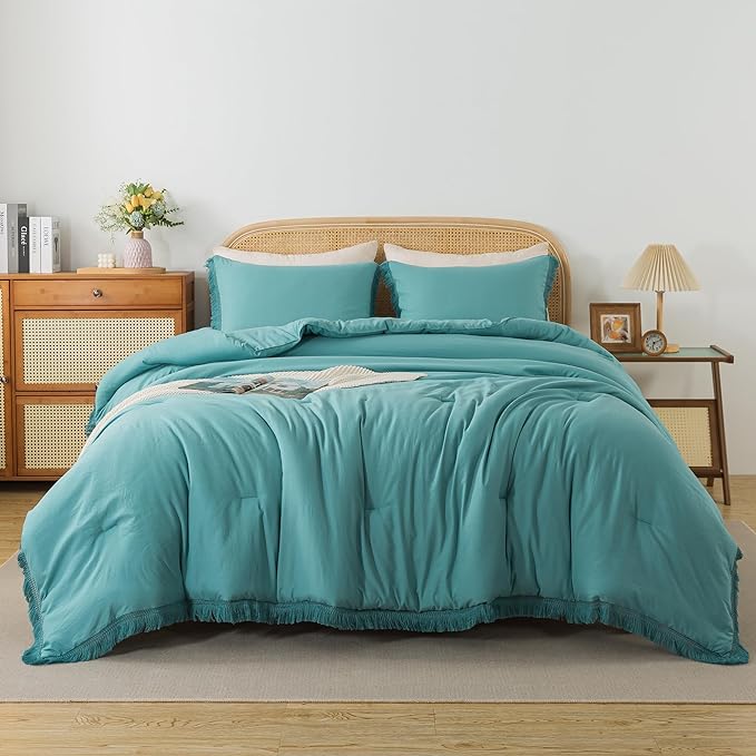 Andency Aqua Tassel Comforter Set Full(79x90Inch), 3 Pieces(1 boho Comforter, 2 Pillowcases) Farmhouse Shabby Chic Comforter Set, Soft Microfiber Lightweight Fringe Bedding Comforter Set