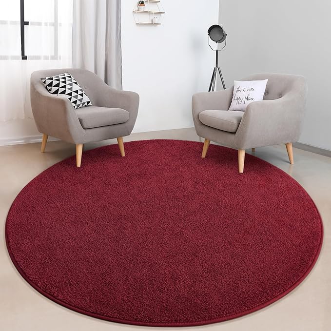Round Area Rugs for Bedroom Living Room, 5x5 Rose Red Super Soft Comfy Thickened Memory-Foam Indoor Circle Carpets, Modern Aesthetic Minimalist Carpet for Boys Girls Adults Nursery Home Décor