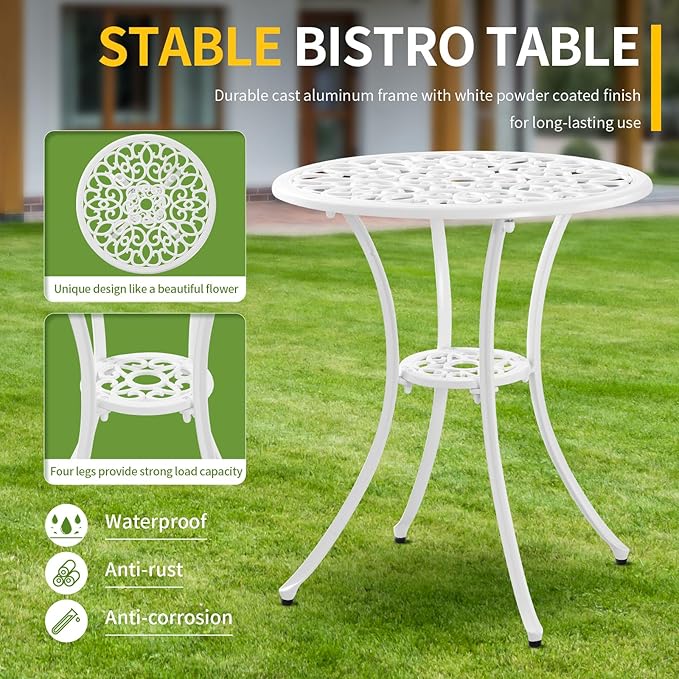 3 Piece Cast Aluminum White Bistro Set Outdoor Bistro Table and Chairs Set of 2,Metal Bistro Patio Table Set with Umbrella Hole,Patio furniture Set for Garden,Front Porch.