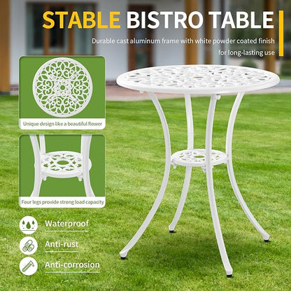 3 Piece Cast Aluminum White Bistro Set Outdoor Bistro Table and Chairs Set of 2,Metal Bistro Patio Table Set with Umbrella Hole,Patio furniture Set for Garden,Front Porch.