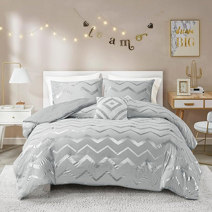Codi Ziggy Metallic Grey Comforter Set Twin/Twin XL Size, Silver Bedroom Decor for Girls Room, 3 Piece Bedding Sets (2 Matching Sham + 1 Decorative Pillow)