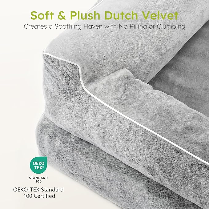 Extra Large Dog Bed - Orthopedic with Cooling Gel Memory Foam, Waterproof XL with Removable Washable Cover, 42" Dog Sofa Couch Dutch Velvet with Bone Toy, Light Gray