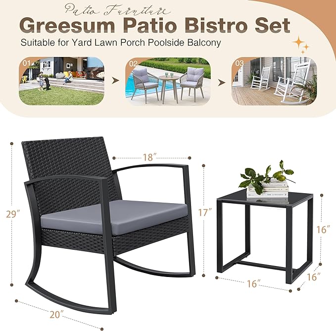 Greesum 3 Pieces Outdoor Furniture Set Patio Bistro Rocking Chairs with Glass Coffee Table for Pool Beach Backyard Balcony Porch Deck Garden, Gray