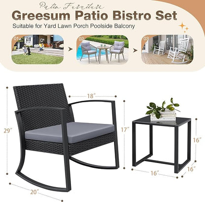 Greesum 3 Pieces Outdoor Furniture Set Patio Bistro Rocking Chairs with Glass Coffee Table for Pool Beach Backyard Balcony Porch Deck Garden, Gray